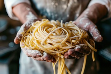 A person holding a bunch of uncooked pasta in their hands, preparing to cook a delicious meal - Powered by Adobe