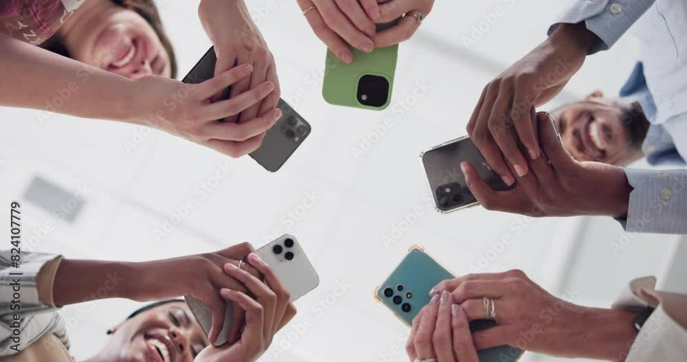 Poster low angle, hands and business people with smartphone, circle and typing with social media, connectio