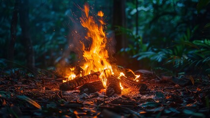 Describe the process of early humans learning to control fire, creating a campfire in a clearing surrounded by dense forest, Close up