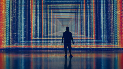 Hombre a contraluz en una luz de color intenso y brillante