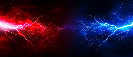 Electrifying Red and Blue Lightning Bolts on a Dark Background Creating a Dynamic Energy Clash for Futuristic and High-Tech Design Concepts