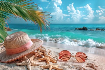 Sunglasses and a straw hat on a tropical sandy beach by the sea. T