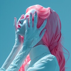 surreal woman with pink hair in front of a blue background	