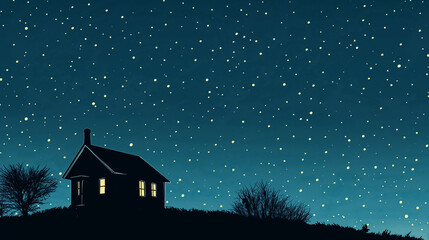Tranquil Night Sky with Silhouetted House and Starry Background for Peaceful and Serene Landscape Design