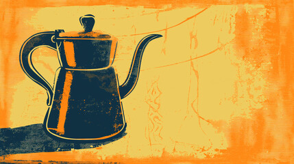 Retro Teapot Illustration with Bold Lines and Distressed Texture in a Warm Orange and Yellow Color Palette for Vintage and Artistic Design