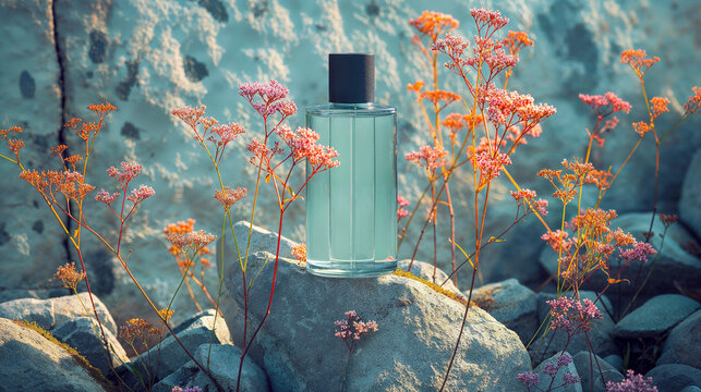 producto perfume sobre piedras y plantas
