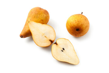 Two whole and halves of pears isolated on white background with clipping path..