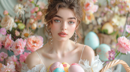 Portrait of a beautiful young woman with striking blue eyes, surrounded by vibrant spring flowers and holding Easter eggs.