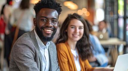 Fototapeta premium A multiethnic couple of colleagues is smiling while working in front of a laptop.