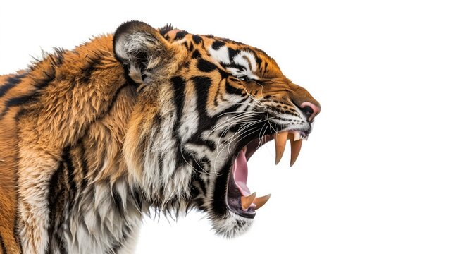 Profile view of a tiger baring its teeth and growling