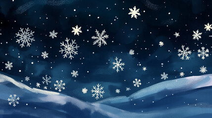 Winter Night Sky with Falling Snowflakes Over Snow-Covered Hills and a Starry Background for Seasonal and Holiday Design