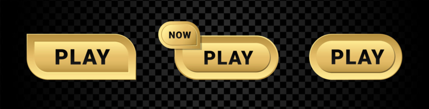 Gold button play set. Start now golden symbol. Luxury video player UI icon. Vector illustration isolated on background