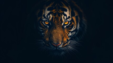 Detailed view of a tigers face with focus on its eyes in a dark setting