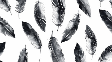 Elegant Black and White Feather Pattern with Detailed Line Art on a Light Gray Background for Modern Decorative Design