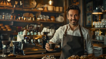 The picture of the barista holding coffee cup inside cafe or coffee shop, the barista skills require knowledge of the various type of the coffee bean and time management in making the coffee. AIG43. - Powered by Adobe