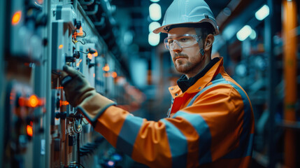 A focused electrical engineer in safety gear adjusts controls on a complex industrial panel in a manufacturing plant.
