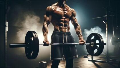 man lifts weights in the gym, showing off his trained body muscles and the smoky gym environment