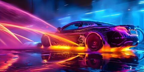 Car wash technology innovation. Concept Car wash technology, Automated systems, Water-saving solutions, App-based services, Eco-friendly products