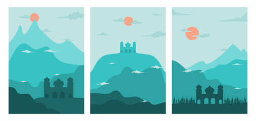 Naklejka premium vector poster of mosque in the mountains. mountain views posters, photo frames, art displays