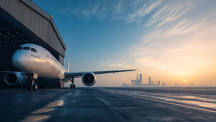 A large airplane is parked inside a hangar at an airport at sunset