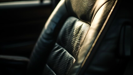 close up photo of car seat leather with sunrise shine