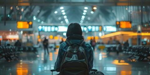 A traveler waits in the bustling airport luggage in hand anticipating their journey. Concept Travel, Airport, Luggage, Anticipation, Journey
