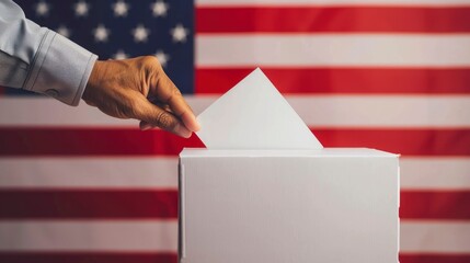 person holding a voting paper putting it in the box with the USA flag background in high resolution and high quality. concept vote, jury, democracy, person, voting