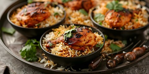 Spicy Indian cuisine with aromatic flavors like fiery chicken and masala biryani. Concept Indian Cuisine, Spicy Flavors, Aromatic Dishes, fiery Chicken, Masala Biryani