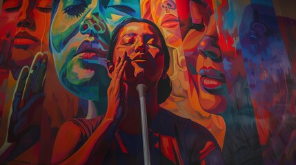 Abstract mural featuring a woman's portrait in vivid, multicolored hues, expressing emotion and artistic depth through bold brushstrokes.