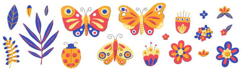 Hand drawn folk style vector illustration set featuring colorful butterflies, stylized flowers, and leaves