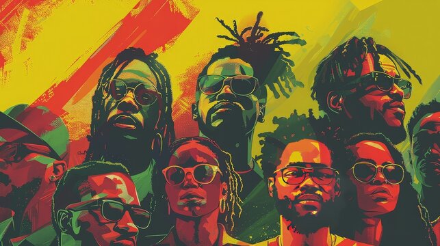 A stylized portrait of a reggae band, featuring multiple members in vibrant, bold colors, highlighting their unique style and energy.