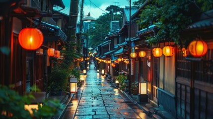 Describe the serene ambiance of a traditional Geisha district, with narrow streets lined with...
