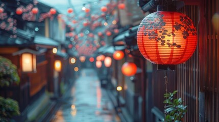 Describe the serene ambiance of a traditional Geisha district, with narrow streets lined with...