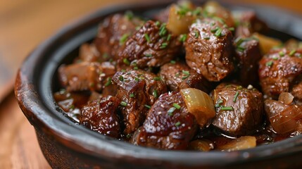 Describe the unique taste and texture of Stifado, focusing on the tender meat, sweet onions, and rich, flavorful sauce, Close up