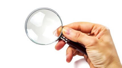 holding magnifying glass white backgrond