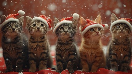 a group of cats wearing santa hats standing in a row on a red background