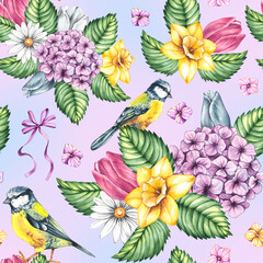 Watercolor pattern with flowers and titmouse birds on a bright background