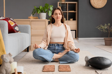 Young woman with Sadhu board meditating on carpet at home