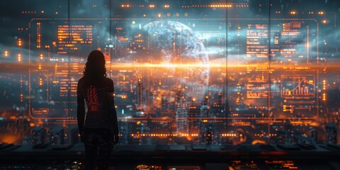 Silhouette of a person in a futuristic control room, looking at holographic displays with data and world map, illuminated by orange and blue lights, creating a high-tech, cyberpunk atmosphere