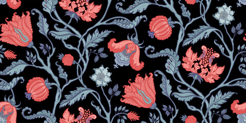 Floral vintage seamless pattern in Jacobean style for retro wallpapers. Enchanted Vintage Flowers.  Chintz inspired. Design for wrapping paper, wallpaper,
