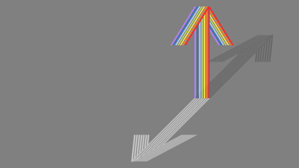 A colorful rainbow arrow pointing upward, casting two distinct shadows on a grey background