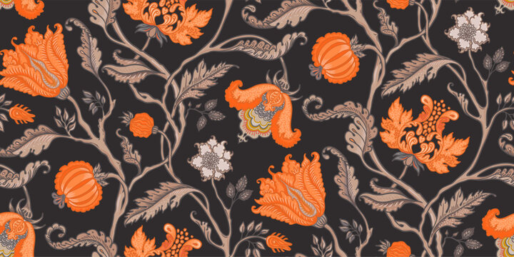 Floral vintage seamless pattern in Jacobean style for retro wallpapers. Enchanted Vintage Flowers.  Chintz inspired. Design for wrapping paper, wallpaper,