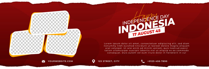 Flat horizontal banner template for indonesian independence day, with photo frame