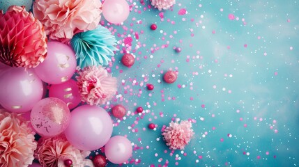 Cute background. Party accessories background. Invitation, birthday, bachelorette party, baby shower events, copy space 