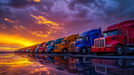 a row of colorful trucks stands side by side against the backdrop of a stunning sunset
