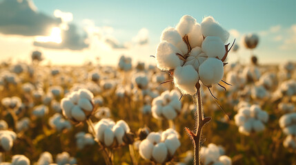 Closeup of a dried white cotton flower with the background of white cottons growing on the field
