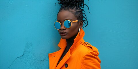 a black woman wearing sunglasses and orange coat standing in front of a blue wall background