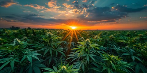 View stunning sunset over large marijuana field bathed in golden sunrays. Concept Sunset Photography, Marijuana Field, Golden Sunrays, Outdoor Beauty, Nature Scenery