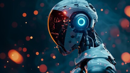 Fototapeta premium A futuristic robot wearing a sleek helmet, illuminated by vibrant neon lights in a dramatic, colorful setting. Digital automation concept