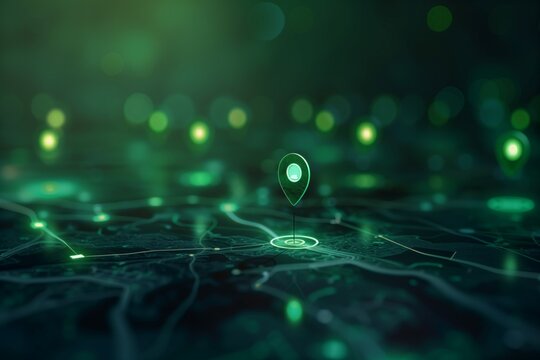 Hyperlocality concept. Geofencing and GPS for targeted location-based marketing. Geofencing, GPS targeting, location-based marketing, targeted advertising, business. Green digital map of locations